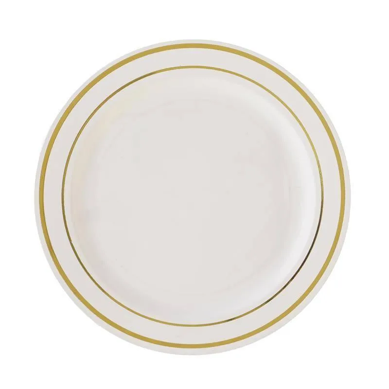 10 Pack 8" Très Chic Gold Rim Ivory Disposable Salad Plates, Plastic Dessert Appetizer Plates