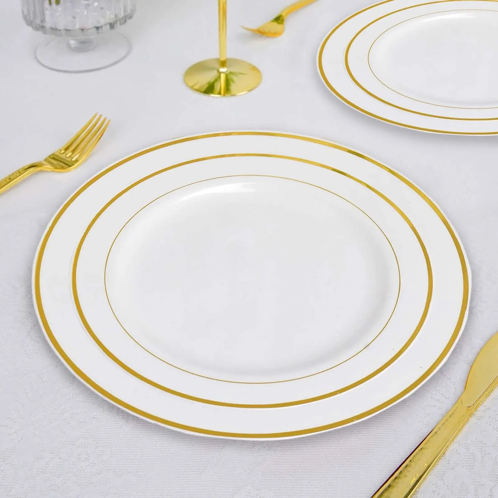 10 Pack 8" Très Chic Gold Rim Ivory Disposable Salad Plates, Plastic Dessert Appetizer Plates