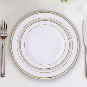 10 Pack Très Chic Gold Rim White Plastic Dessert Appetizer Plates, Disposable Salad Plates 6"