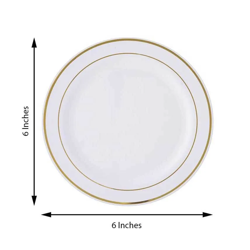 10 Pack Très Chic Gold Rim White Plastic Dessert Appetizer Plates, Disposable Salad Plates 6"