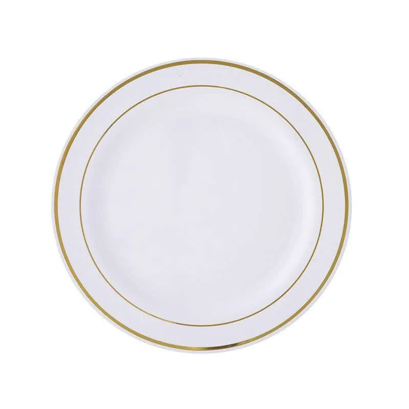 10 Pack Très Chic Gold Rim White Plastic Dessert Appetizer Plates, Disposable Salad Plates 6"