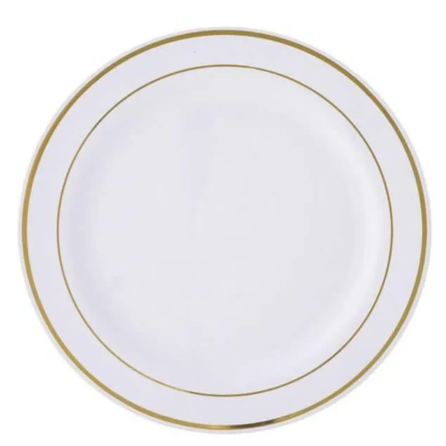 10 Pack Très Chic Gold Rim White Plastic Dessert Appetizer Plates, Disposable Salad Plates 6"