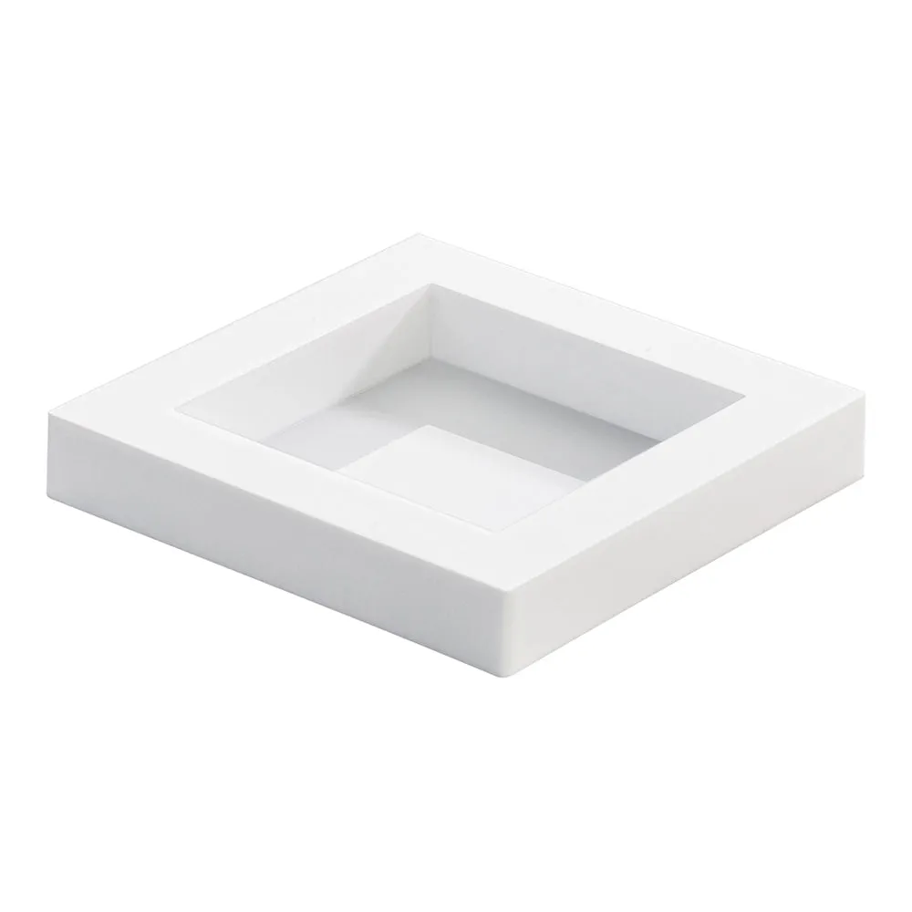 100 Square White 2.5" Plastic Mini Cubic Plates and 100 Silver Plastic 4" Mini Forks