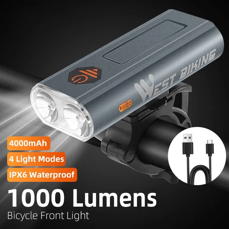 1000LM Bike Light Front Rear Lamp USB Rechargeable LED 4000mAh Bicycle Light Waterproof Headlight Bike Accessories