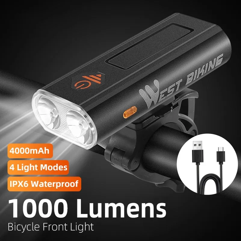 1000LM Bike Light Front Rear Lamp USB Rechargeable LED 4000mAh Bicycle Light Waterproof Headlight Bike Accessories