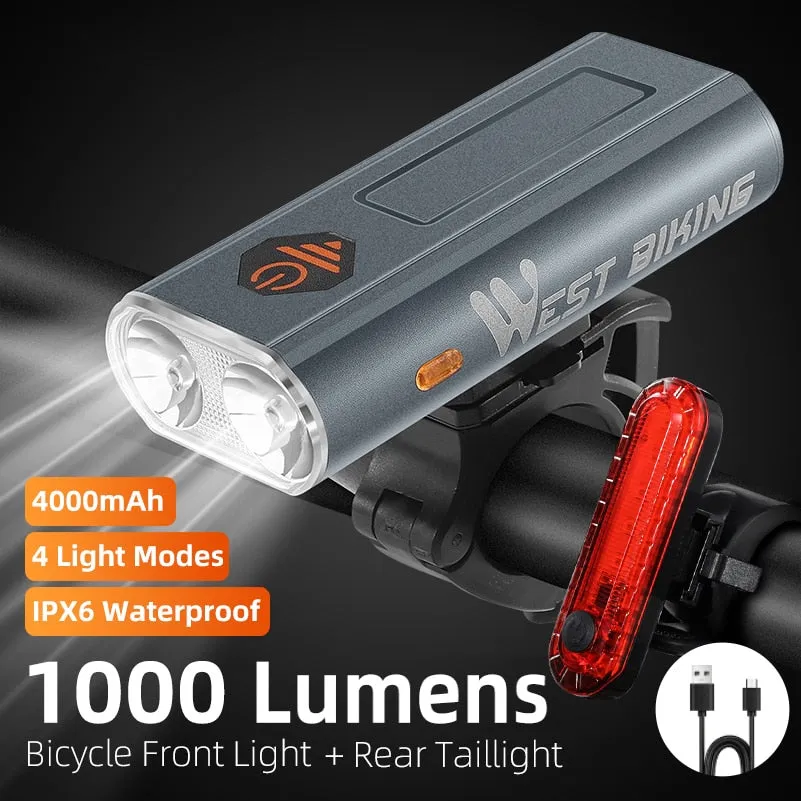 1000LM Bike Light Front Rear Lamp USB Rechargeable LED 4000mAh Bicycle Light Waterproof Headlight Bike Accessories