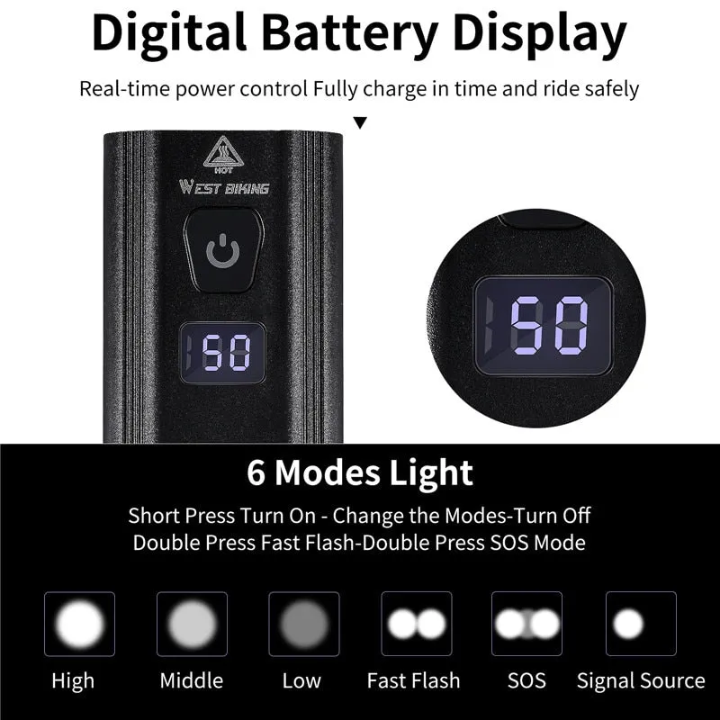 5200mAh 1200LM Bike Light 3 LED Battery Display USB Rechargeable Headlight Waterproof Cycling Front Lamp Power Bank