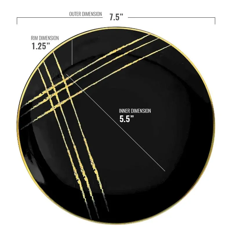 7.5" Black with Gold Brushstroke Round Plastic Disposable Dinner Plates (120 Per Case)