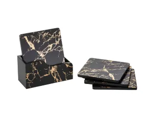 Aish Home Set Of 6 Marble Wooden Coasters With Stand Black and Gold - A030