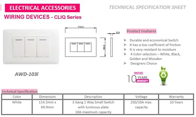 Akari 3 Gang 1 Way Switch (AWD-Z8101-3)