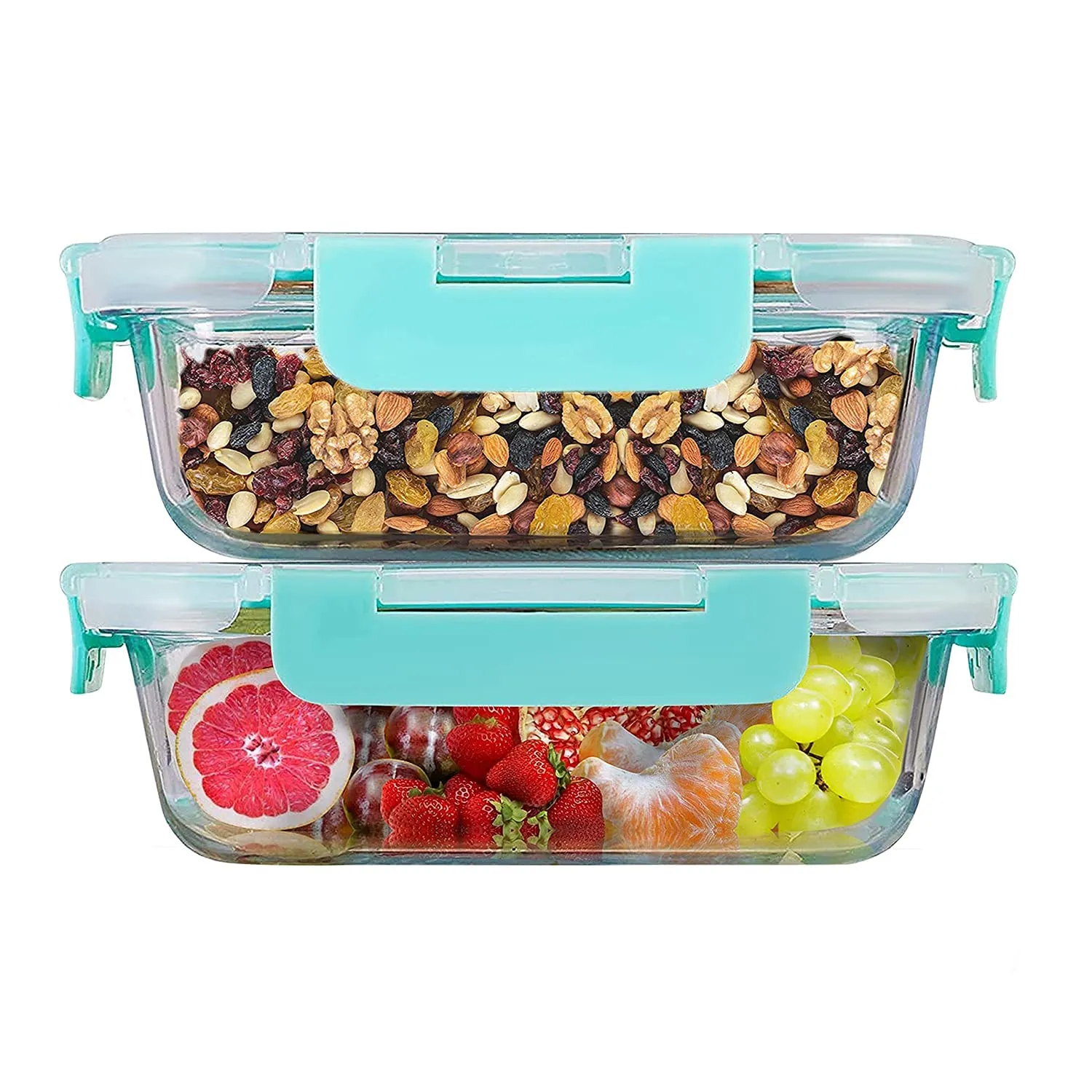 Amazon Brand - Solimo Multipurpose Glass Containers/Lunch Boxes for Office with Break-Free, Detachable Locks, Airtight, Leakproof, Microwave-Safe, Freezer-Safe, Set of 2, Rectangle (1,500 ml Each)