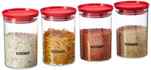 Amazon Brand - Solimo Plastic Storage Jar and Container Set I Air Tight & BPA Free Containers For Kitchen Storage Set I Grocery Kitchen Container Set I Multipurpose Jar, 900 Ml Each, Set 4, Red