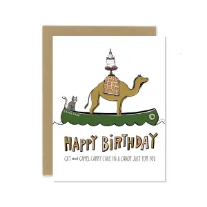 Cat and Camel in a Canoe with Cake Birthday Greeting Card