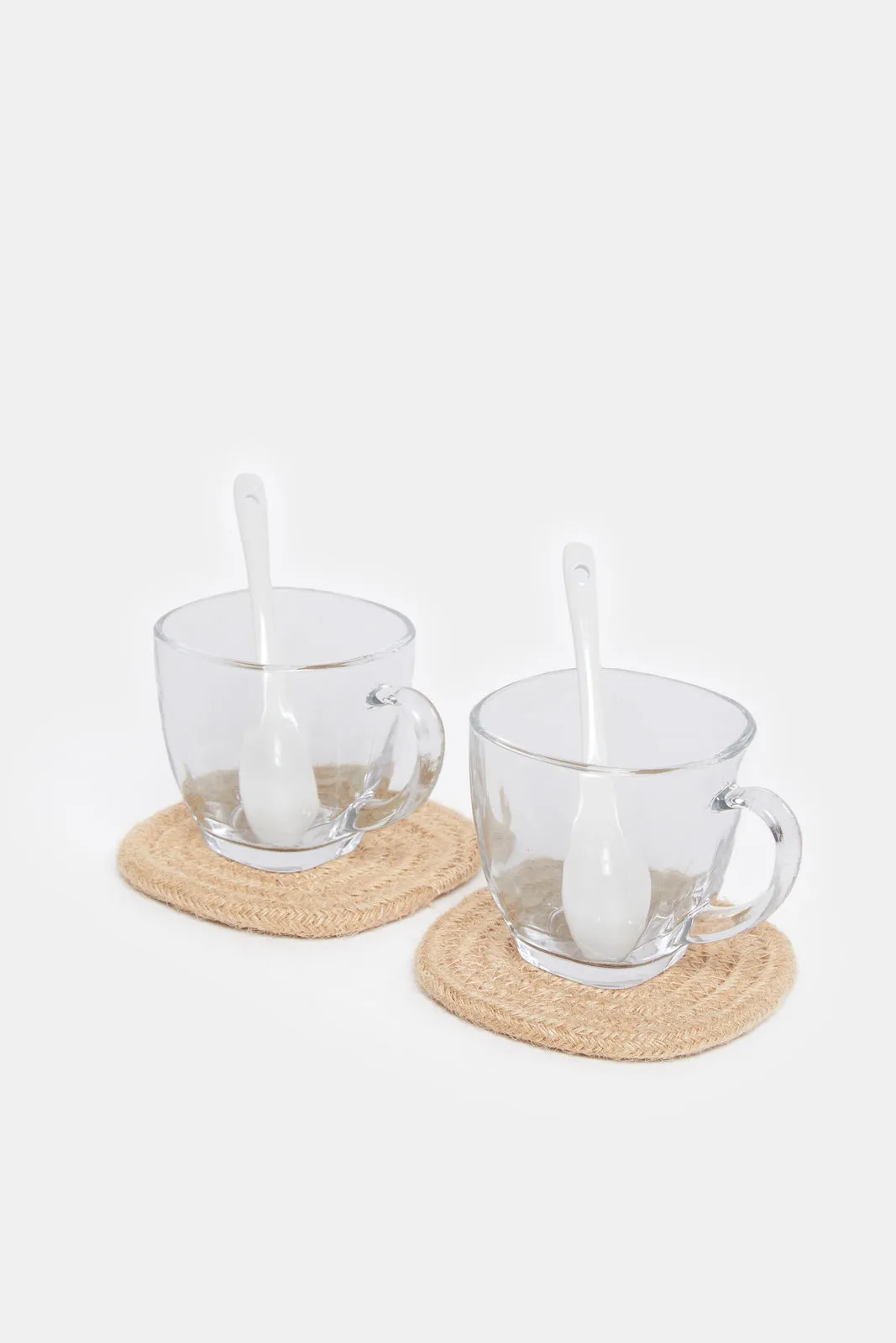 Clear Glass Cup With Cotton Rope Coaster And Spoon ( 6 Piece)