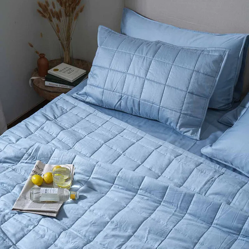 Cotton Bedcover with 2 Pillow Covers | Box Quilted Design | Blue