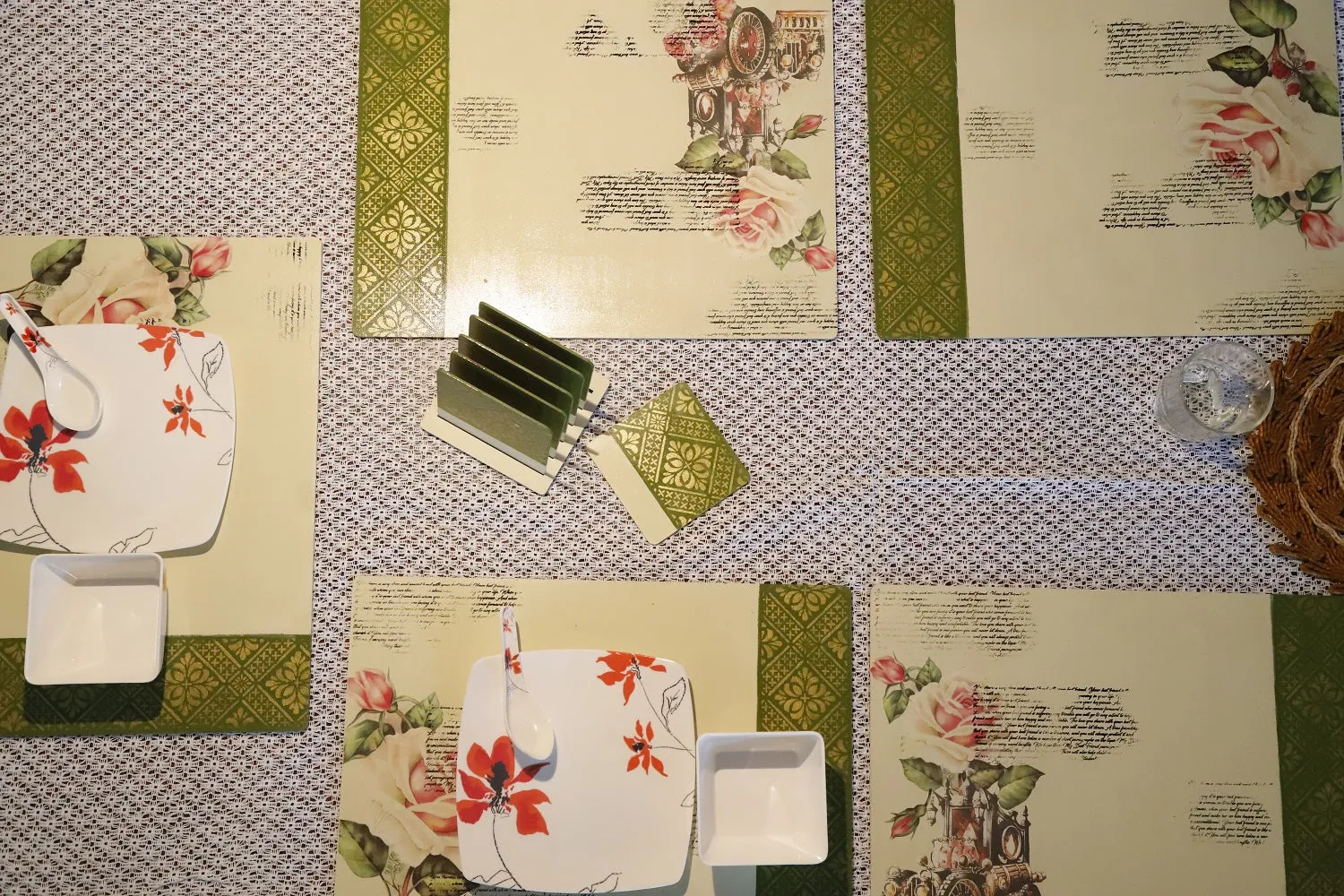 Creamy Greens Table Placemat Set with Coasters (Set of 6 Placemat and 6 Coasters)