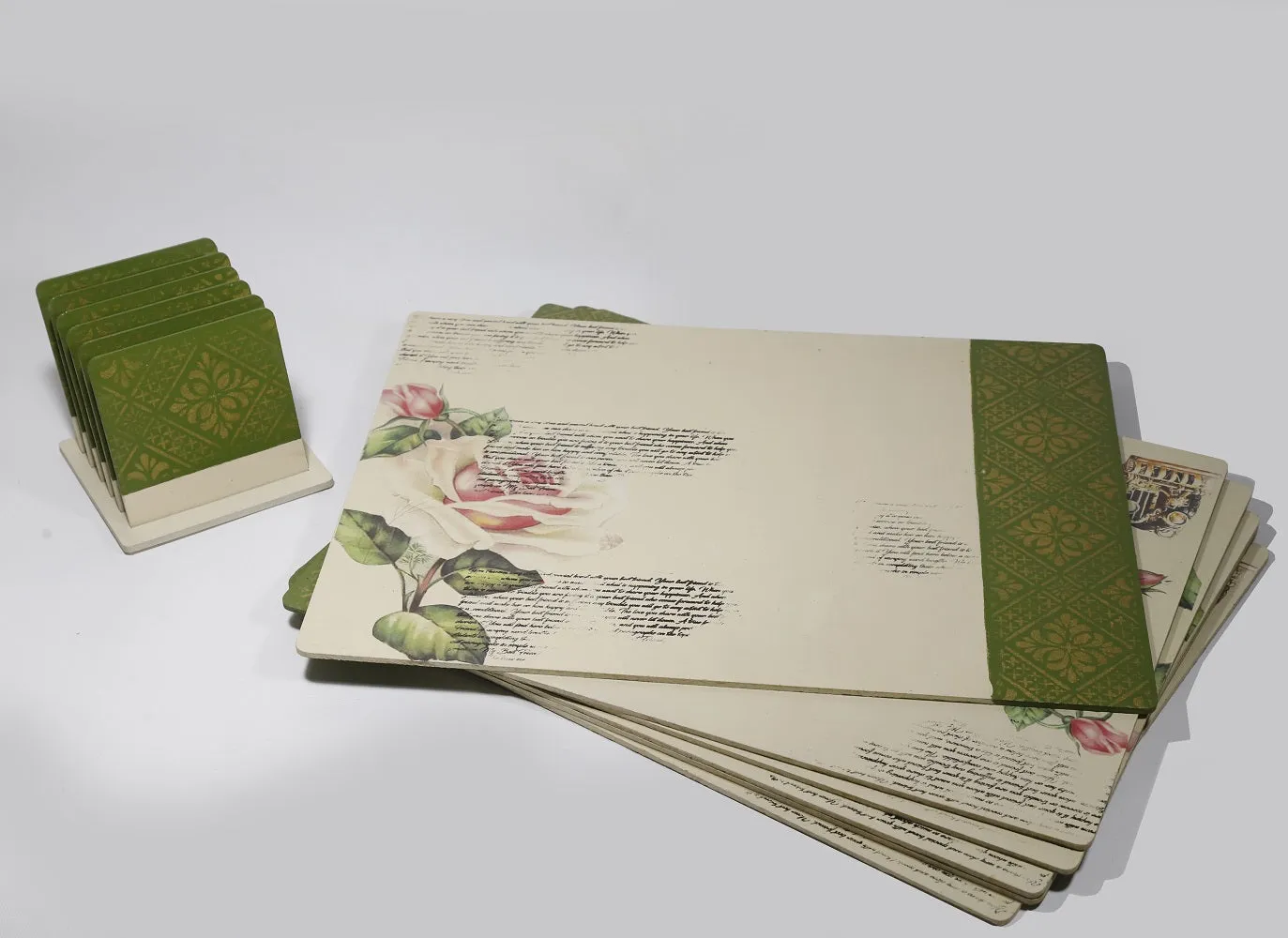 Creamy Greens Table Placemat Set with Coasters (Set of 6 Placemat and 6 Coasters)