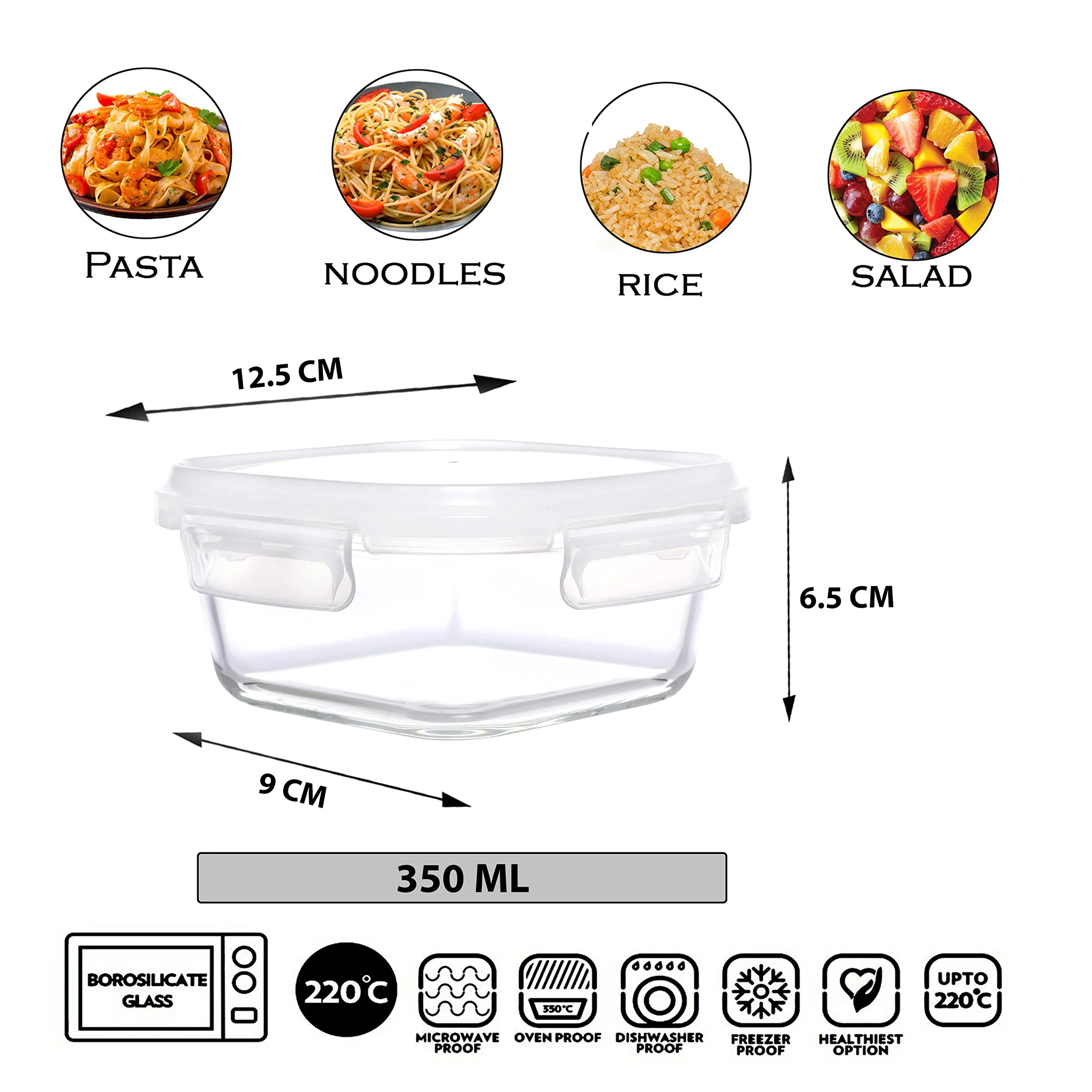 Cutting EDGE Square Borosilicate Glass Fresh n Lock Kitchen Food Storage Container Lunch Box with Lid for Office, School, Microwave Safe (350 ML, Set of 1, Transparent)