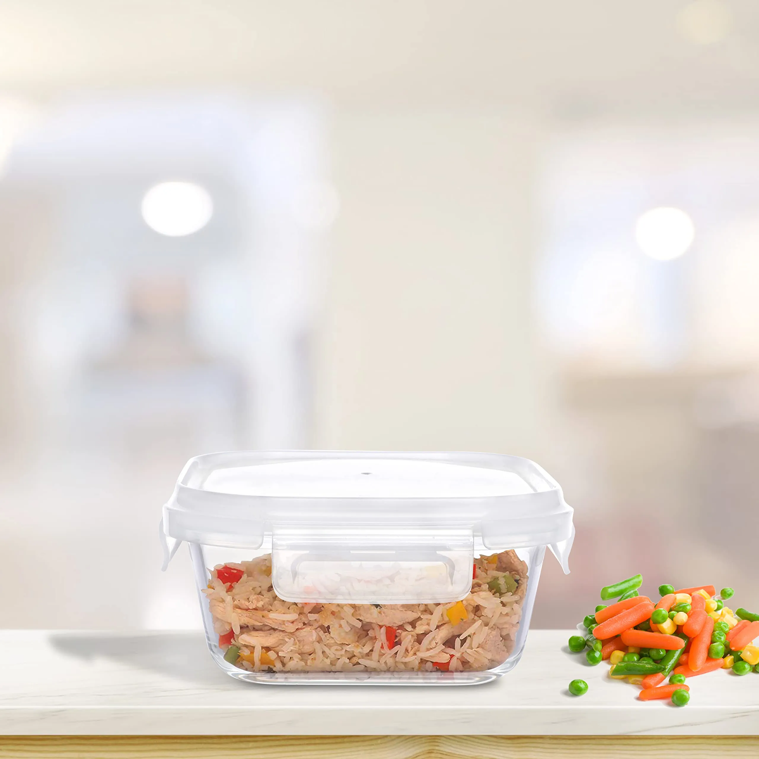 Cutting EDGE Square Borosilicate Glass Fresh n Lock Kitchen Food Storage Container Lunch Box with Lid for Office, School, Microwave Safe (350 ML, Set of 1, Transparent)