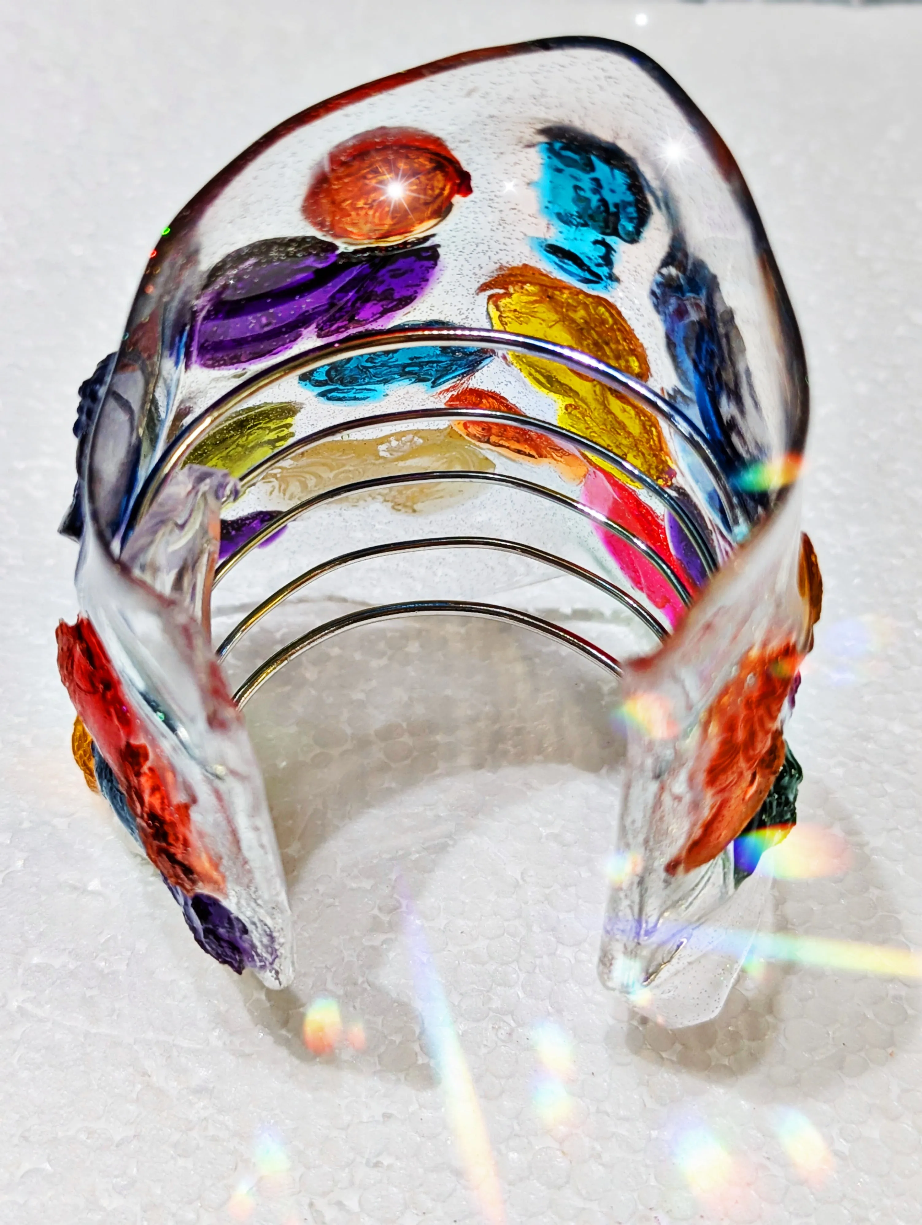 Exquisite Clear Resin Colorful Gauntlet Cuff with Vibrant Resin Cameos | Handcrafted by Award-Winning Artist Sugar Gay Isber