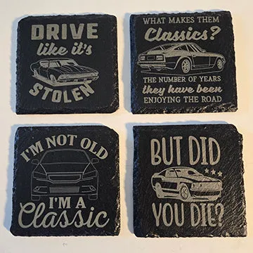 funny Classic car themed slate coasters, set of 4 comical and snarky car phrases set#7