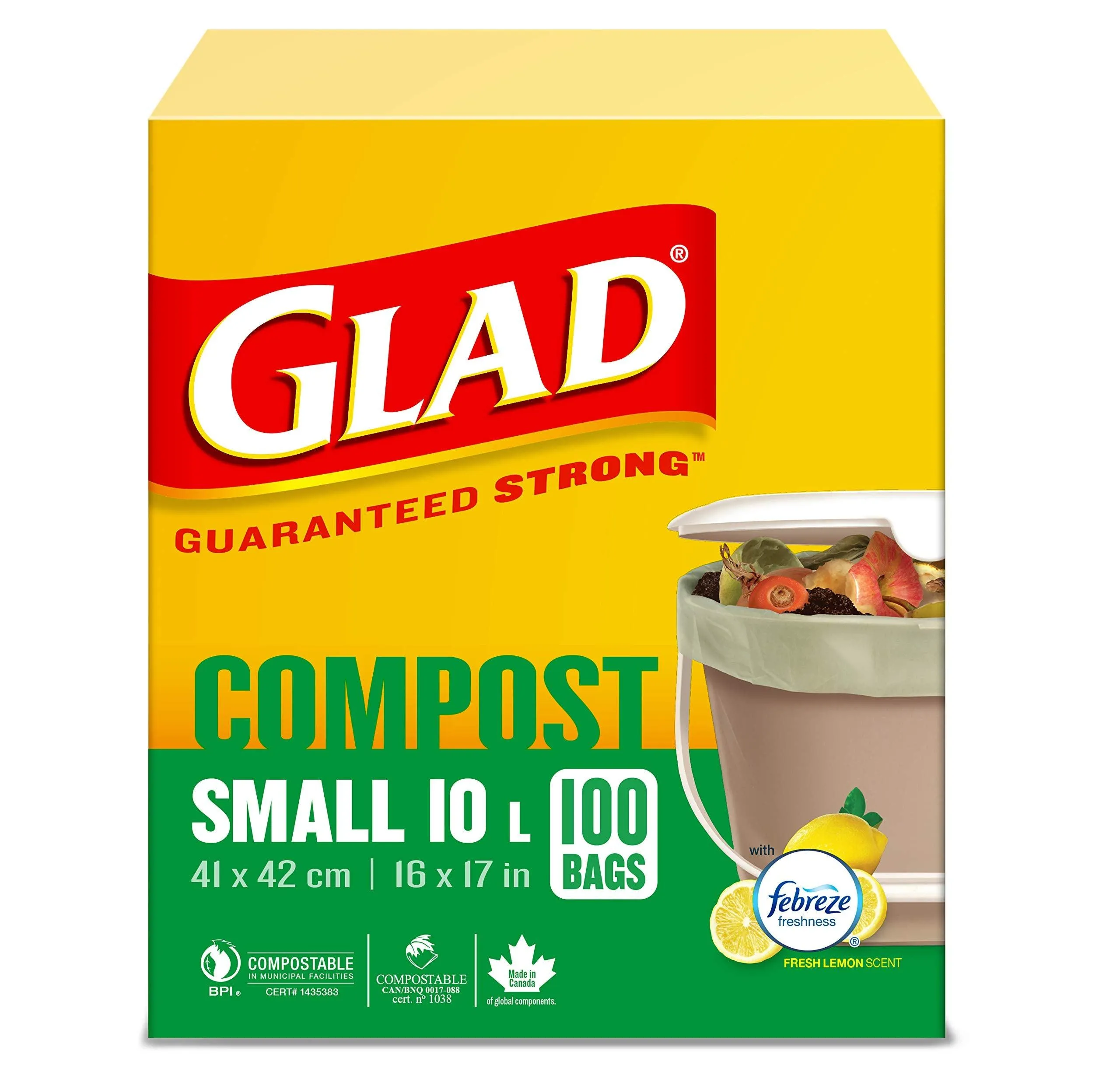 Glad 100% Compostable Bags - Small 10 Litres - Lemon scent, 100 Compost Bags