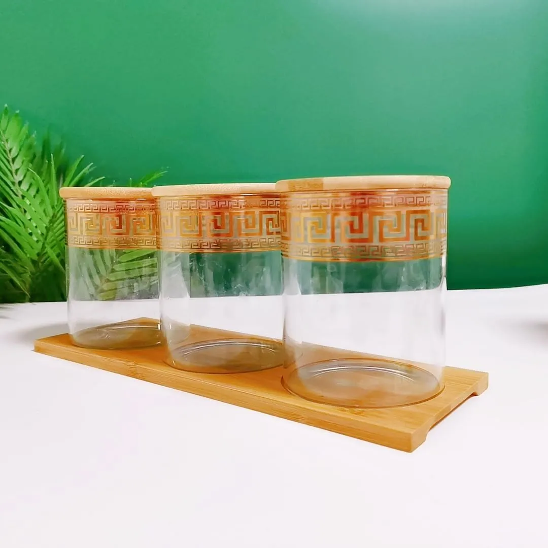 Gleevers Pack of 3 Borosilicate Glass Containers with Bamboo Lid and Tray (850 ml each) | Wedding Gift for Couples | House Warming Gift for New Home (Gold)