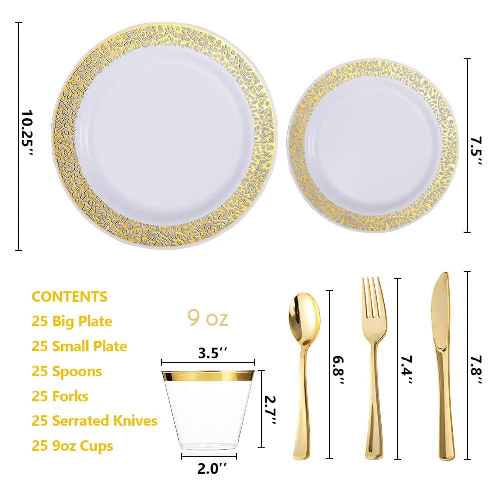 Gold Rim Plastic Plates&Cups&Flatwares(Set of 6)