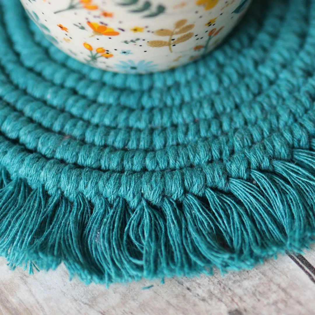 Handmade Macrame Teal Table Coasters - Set of 2