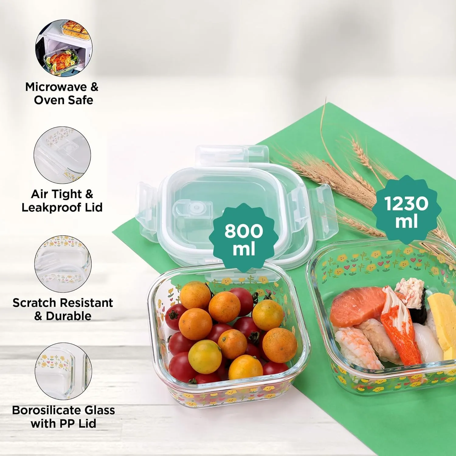 Homestic Borosilicate Printed Container With Lid (Square) | JDA052-MUL | Transparent | Pack Of 2