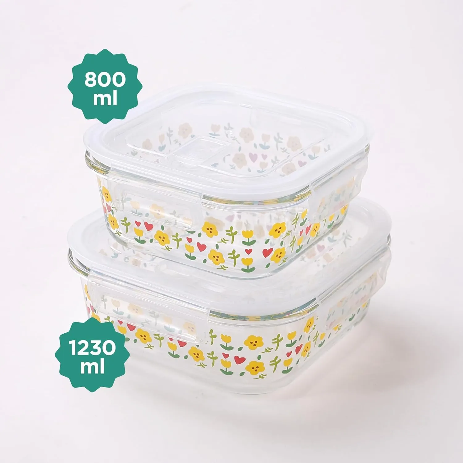 Homestic Borosilicate Printed Container With Lid (Square) | JDA052-MUL | Transparent | Pack Of 2