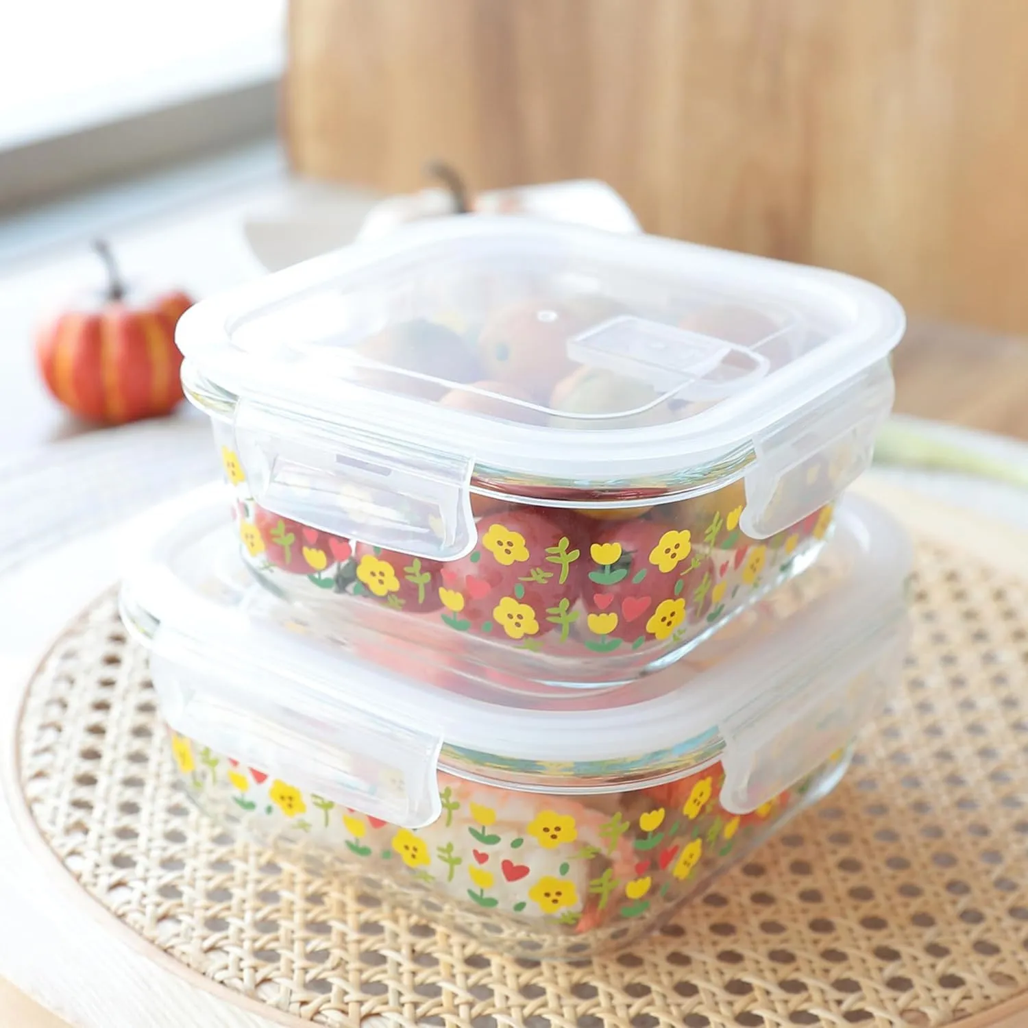 Homestic Borosilicate Printed Container With Lid (Square) | JDA052-MUL | Transparent | Pack Of 2