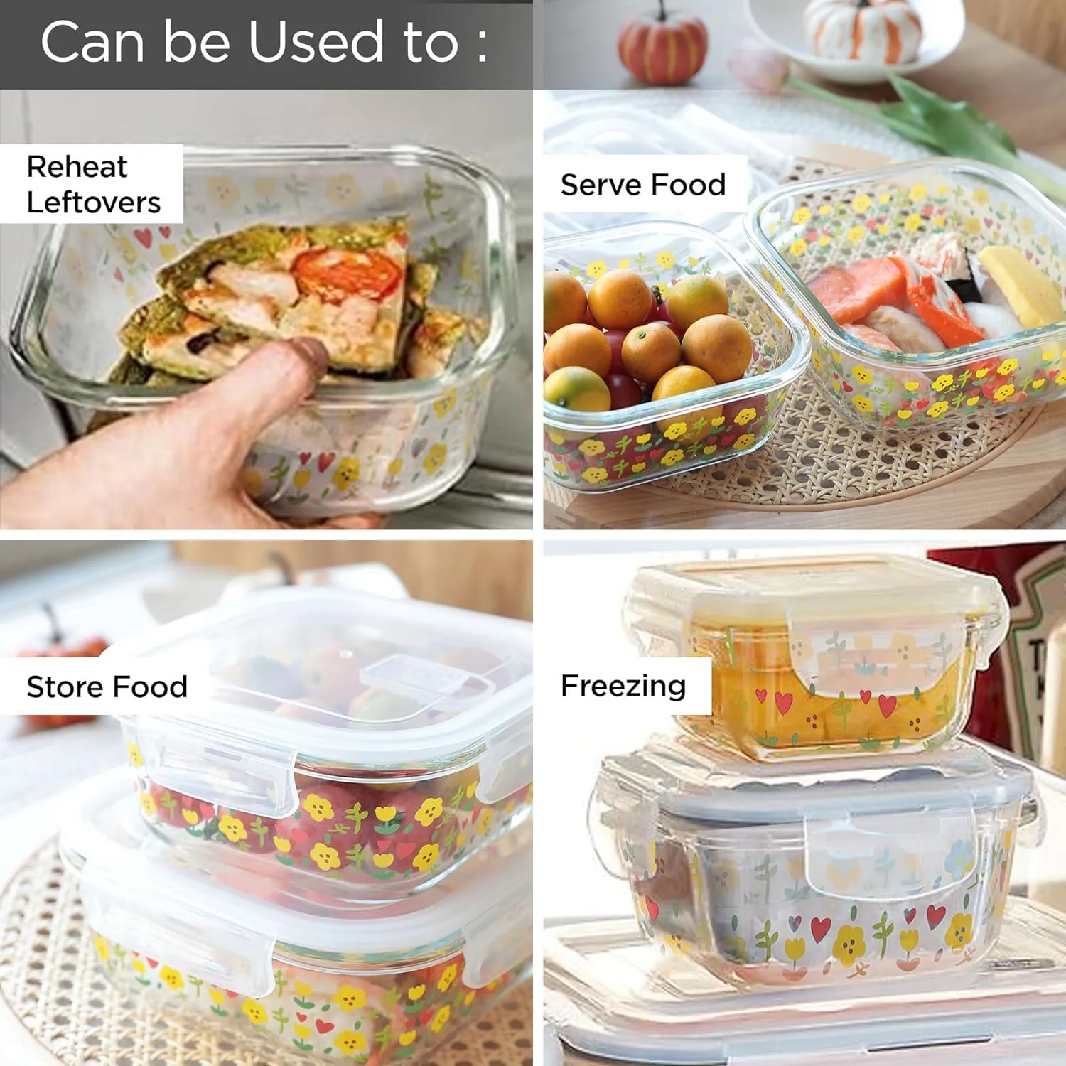 Homestic Borosilicate Printed Container With Lid (Square) | JDA052-MUL | Transparent | Pack Of 2