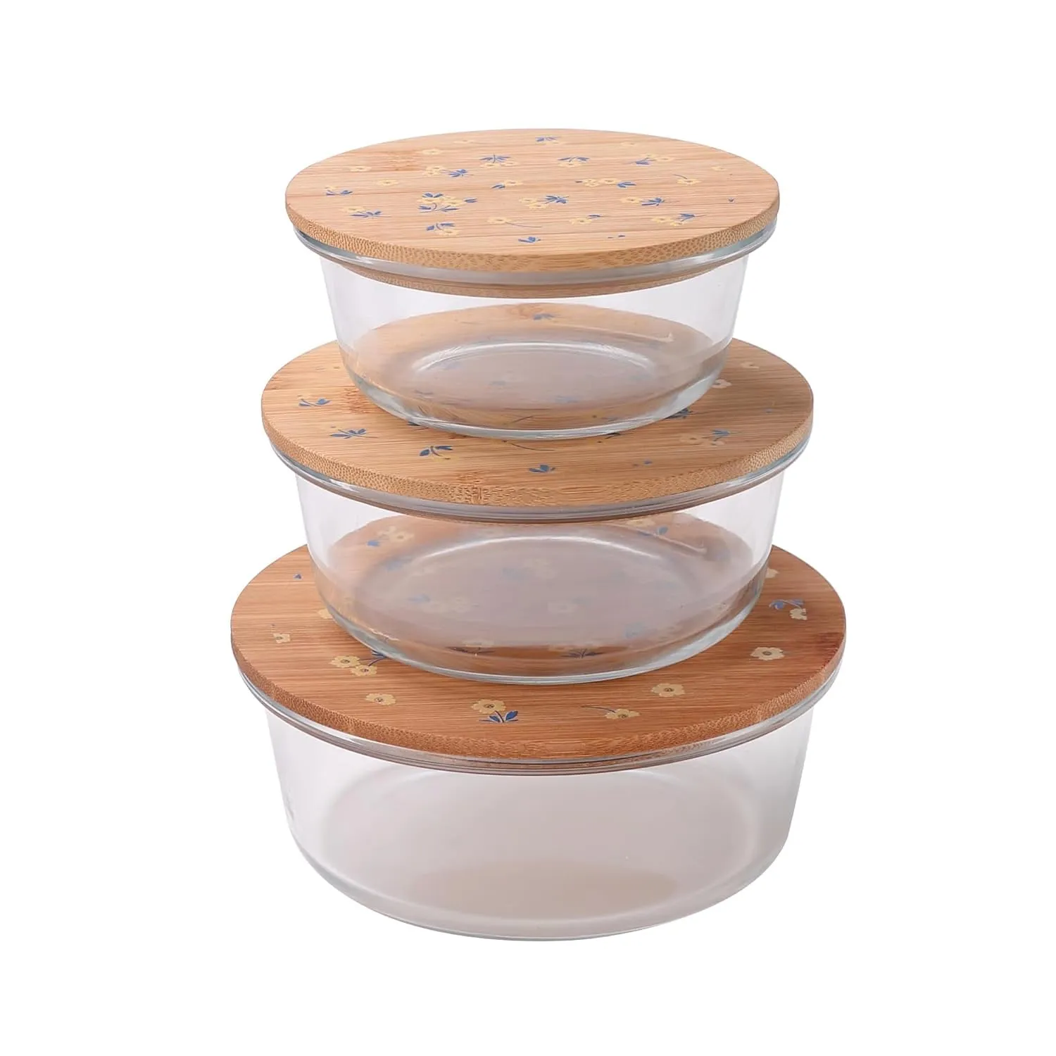 Homestic Pack of 3 Borosilicate Glass Kitchen Containers with Bamboo Lid | 390ml 620ml 960ml | Airtight Round Fridge Storage Boxes |kitchen organizer items and storage | Happy Dance Print