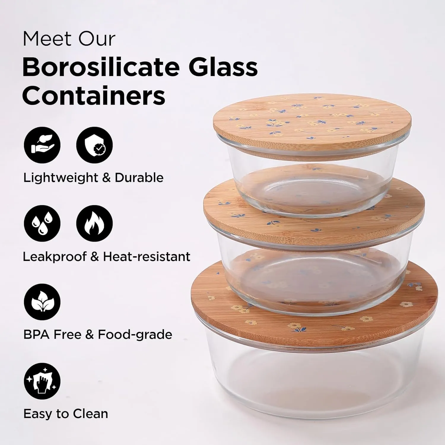 Homestic Pack of 3 Borosilicate Glass Kitchen Containers with Bamboo Lid | 390ml 620ml 960ml | Airtight Round Fridge Storage Boxes |kitchen organizer items and storage | Happy Dance Print