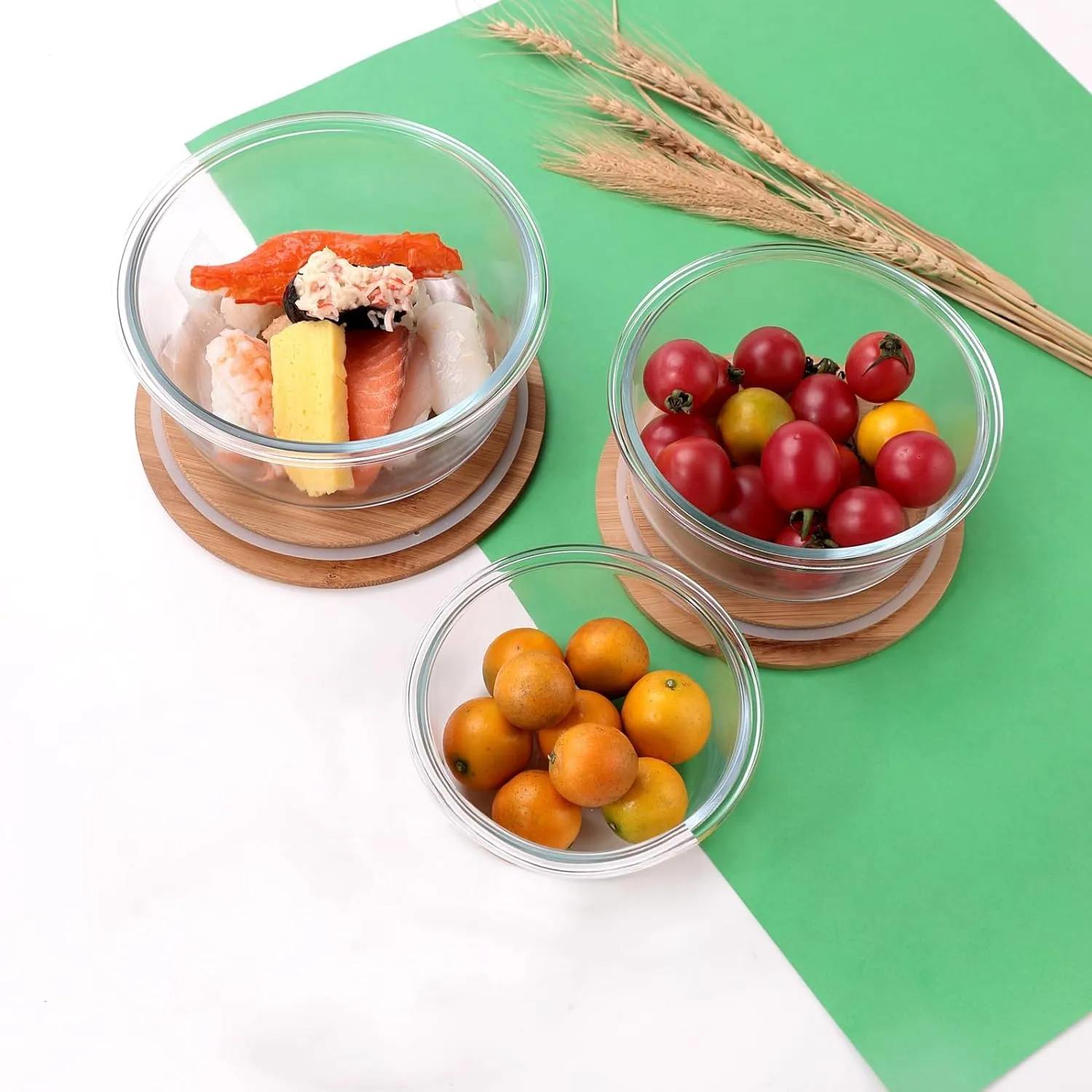 Homestic Pack of 3 Borosilicate Glass Kitchen Containers with Bamboo Lid | 390ml 620ml 960ml | Airtight Round Fridge Storage Boxes |kitchen organizer items and storage | Happy Dance Print