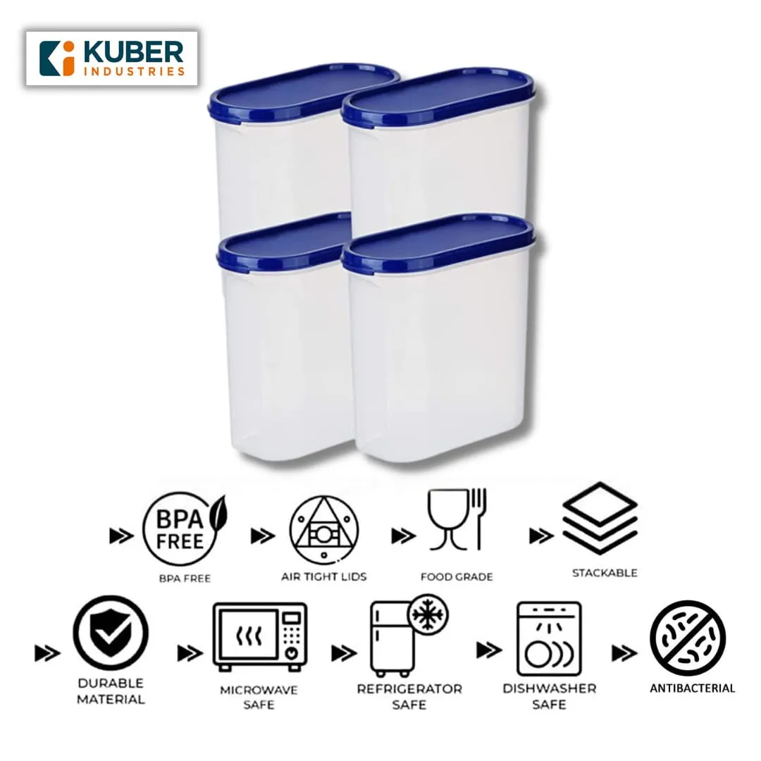 Homestic Plastic Storage Containers With Lid I Set of 4, 1600 ml | Airtight, Stackable, Spill-proof, Travel-friendly | Transparent with Blue Lid | For Dry & Wet Foods, Cereals, Dryfruits