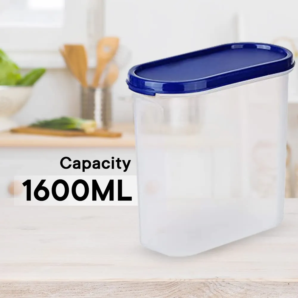 Homestic Plastic Storage Containers With Lid I Set of 4, 1600 ml | Airtight, Stackable, Spill-proof, Travel-friendly | Transparent with Blue Lid | For Dry & Wet Foods, Cereals, Dryfruits