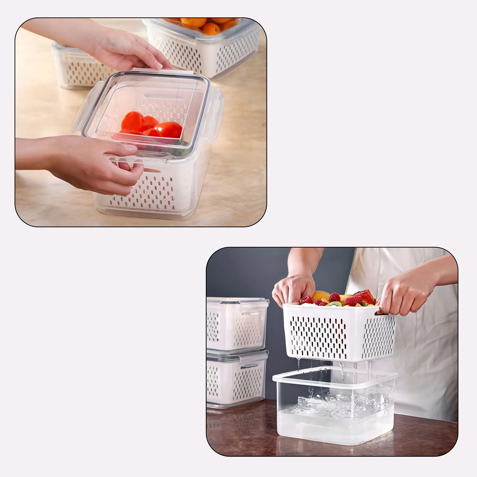 Kuber Industries 6 Pcs Food Containers | Storage Box for Fridge | Vegetable Fruit Boxes | Refrigerator Storage Box | Containers With Airtight Lid | Strainer Basket | HXP00284 | Transparent |Pack of 2