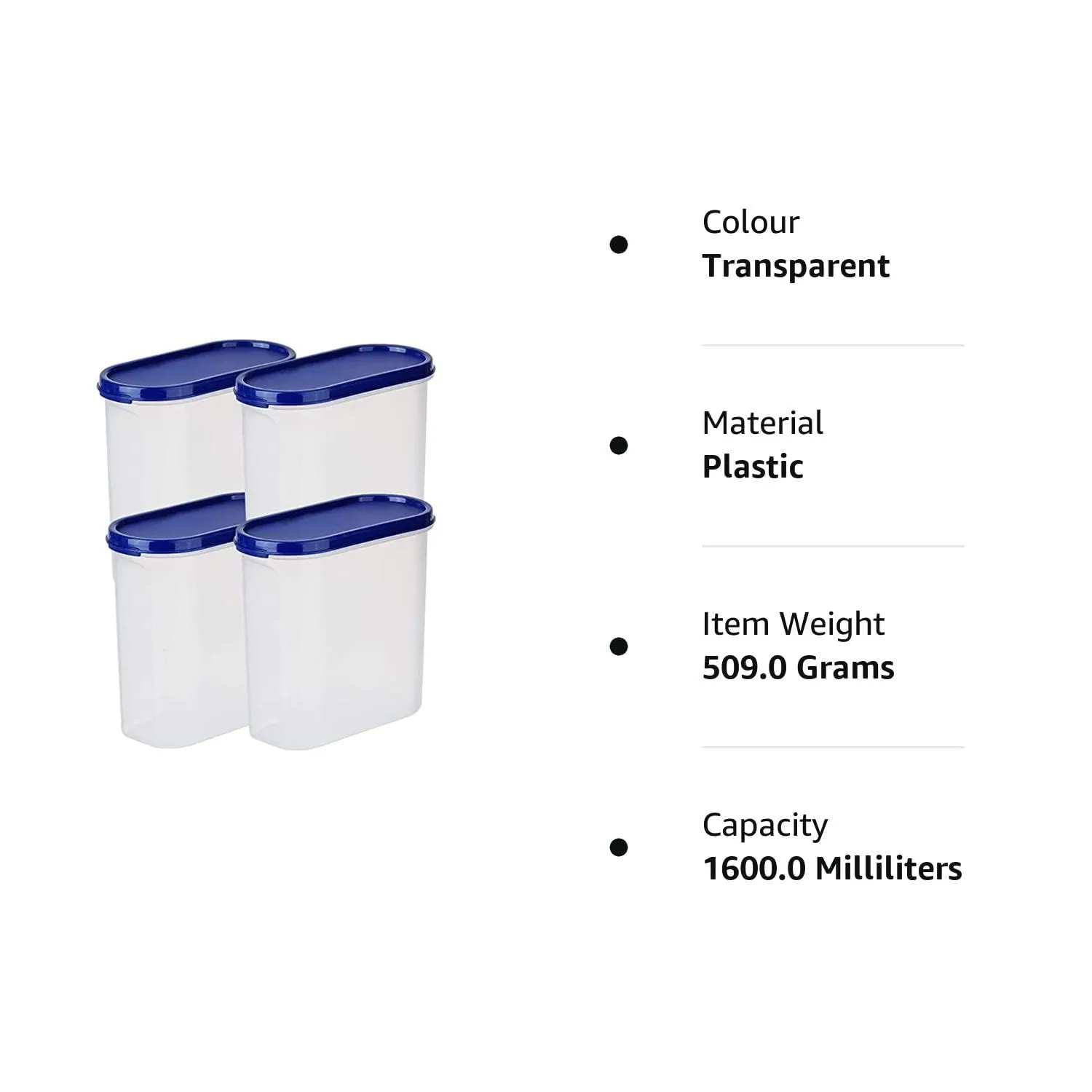 Kuber Industries Plastic Storage Containers With Lid I Set of 4, 1600 ml|Airtight, Stackable, Spill-proof, Travel-friendly|Transparent with Blue Lid|For Dry & Wet Foods, Cereals, Dryfruits (Pack Of 2)