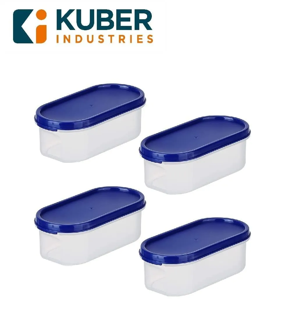 Kuber Industries Plastic Storage Containers With Lid|Set of 4, 500 ml|Airtight, Stackable, Spill-proof, Travel-friendly|Transparent with Blue Lid|For Dry & Wet Food Pickle, Spices,Dryfruits(Pack Of 3)