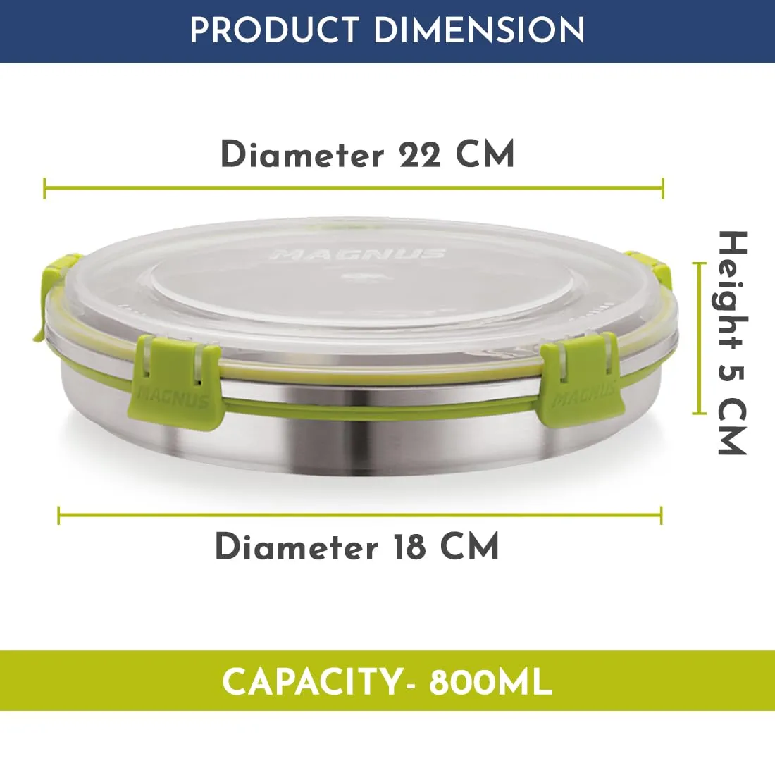 Magnus Klip Lock Stainless Steel Airtight Leakproof Storage Container Set of 8, 800 ML Each - Kitchen Accessories Items, Lunch Box, Lunch Boxes for Office Men