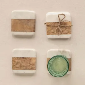 Marble and Acacia Wood Coasters, Set of 4