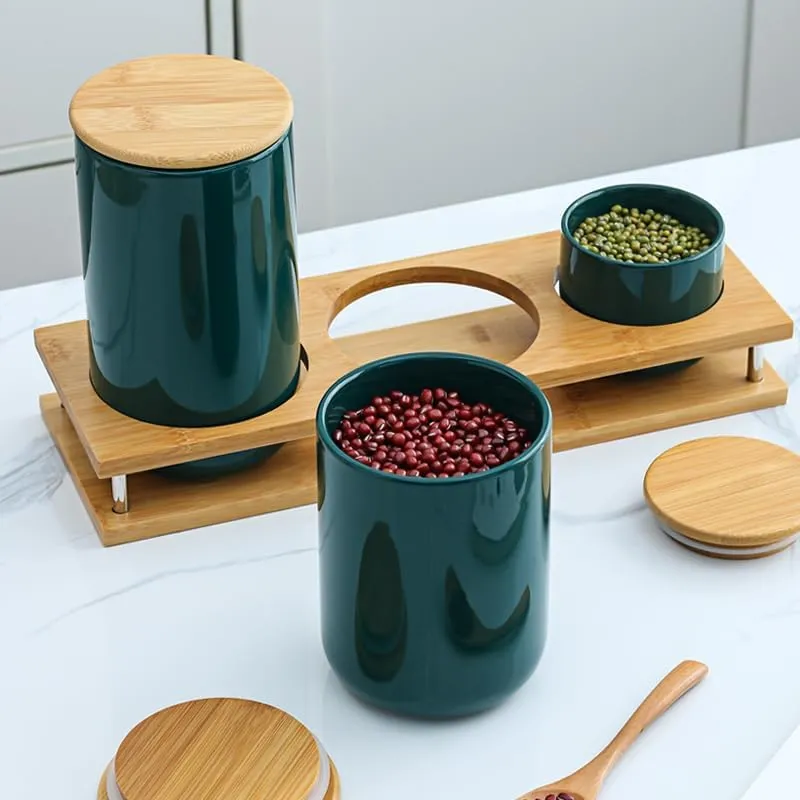 Mush Ceramic Jars Set with Bamboo Lid and Stand|Kitchen Organizer Items and Storage|Multipurpose Airtight Containers|3 Pieces Kitchen Containers Set-260ml, 800ml, 1000ml (Green)