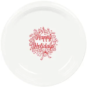 Pre-Printed Plastic 7 In. Happy Holidays Wreath Christmas Party Plates