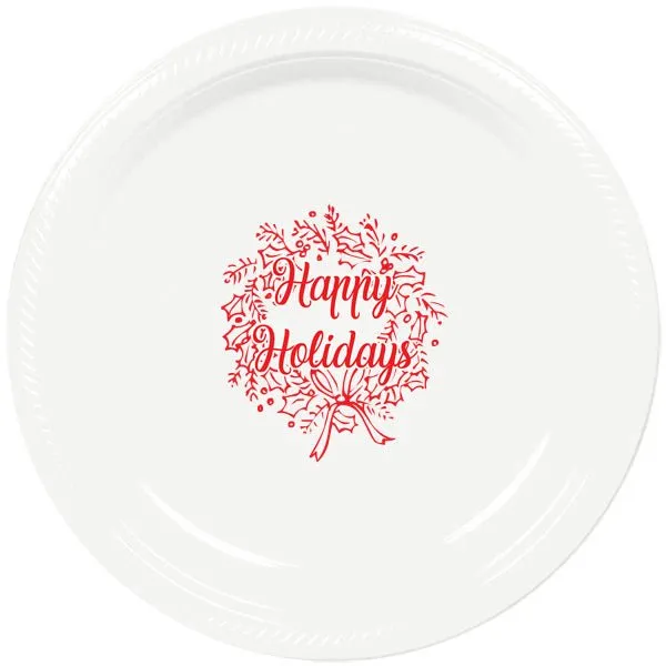 Pre-Printed Plastic 7 In. Happy Holidays Wreath Christmas Party Plates