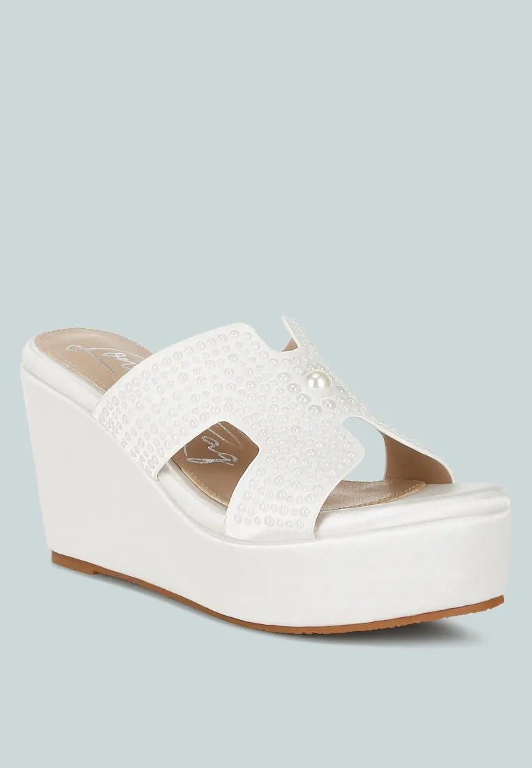 Renier Satin Pearl Detail Wedge Sandals