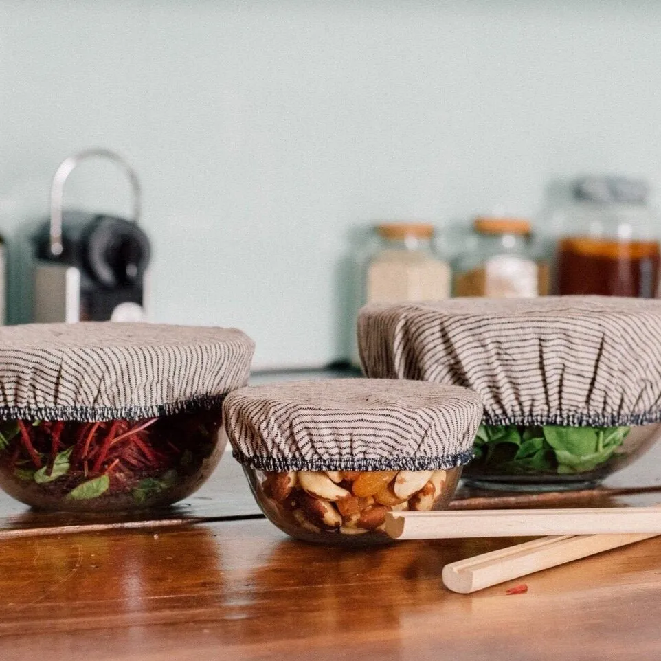 Reusable Linen Food Covers - Set Of Three Dark Blue & Natural Stripe