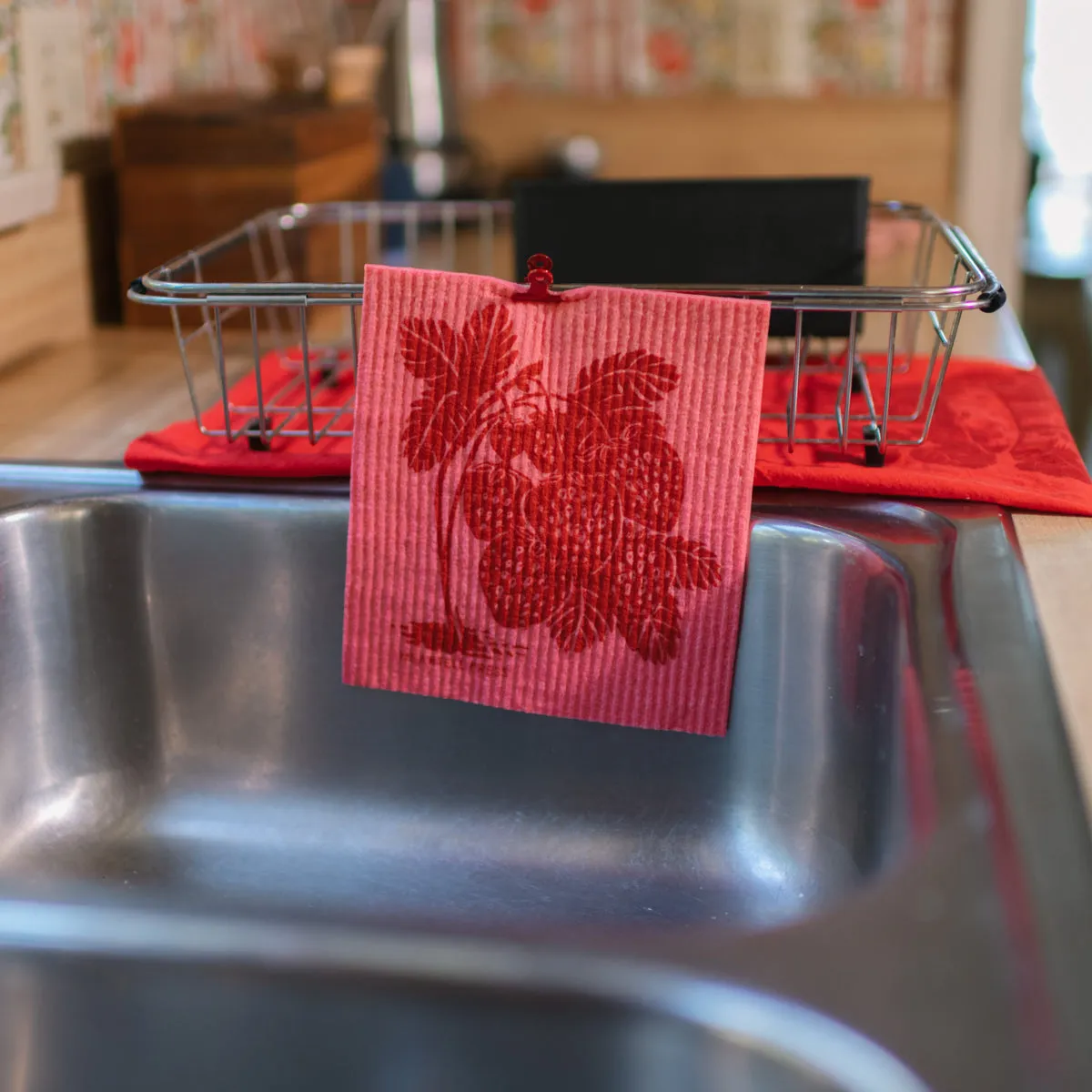 Screen Printed Red Strawberries Sponge Cloth