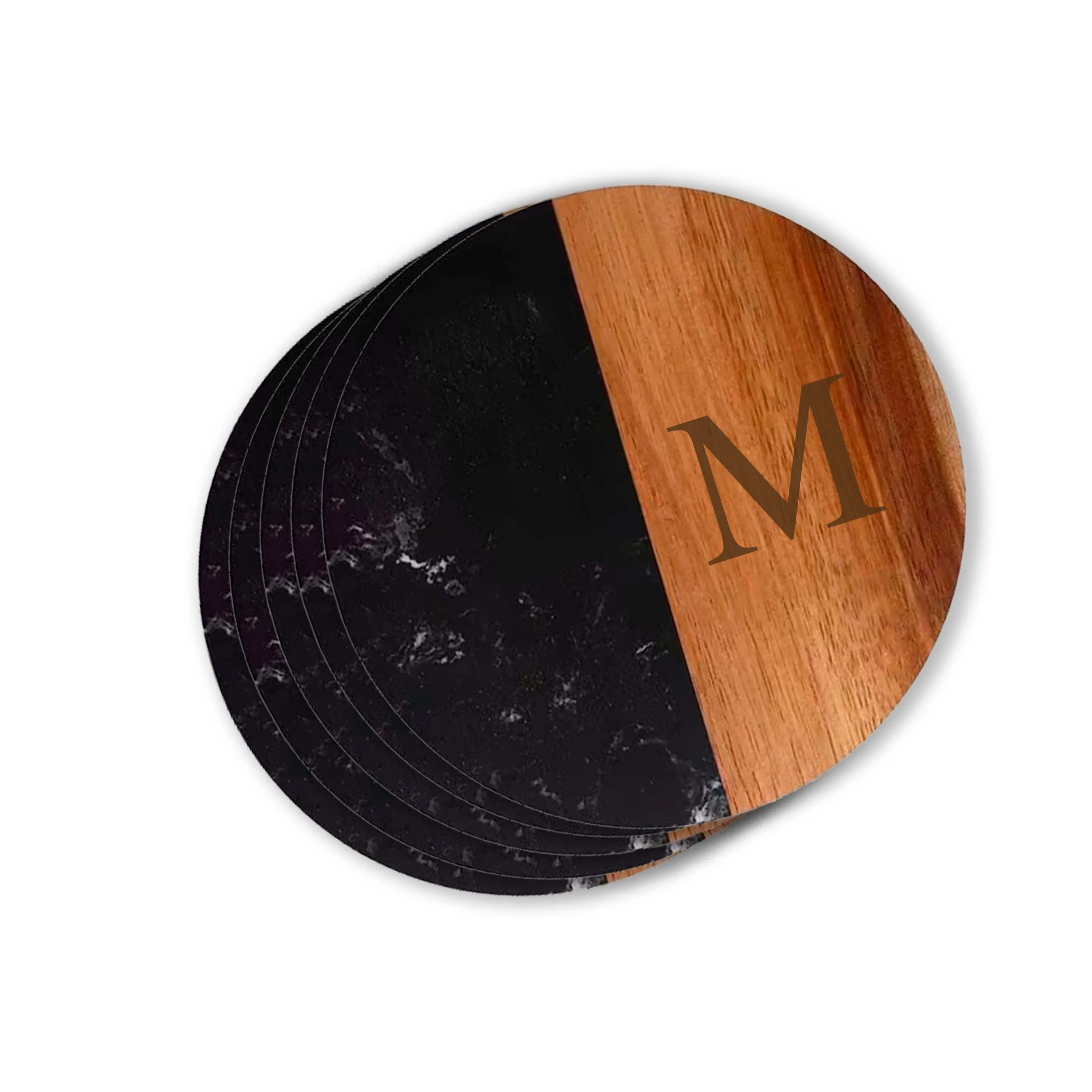 Set Of 4 Black Marble and Acacia Wood  4" Round Coasters